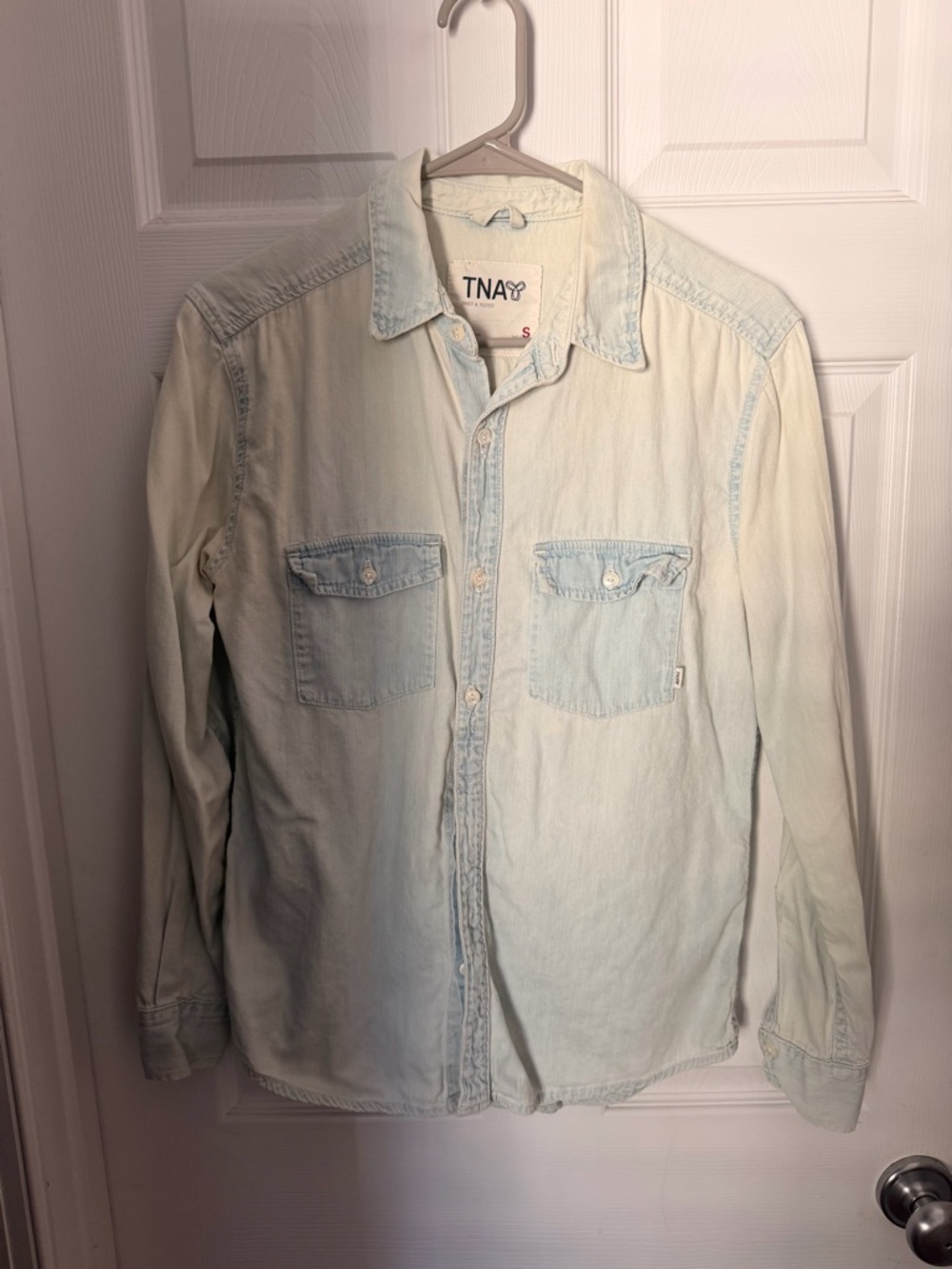 Aritzia TNA Light Wash Chambray Denim Button-Up Shirt - Pale Blue